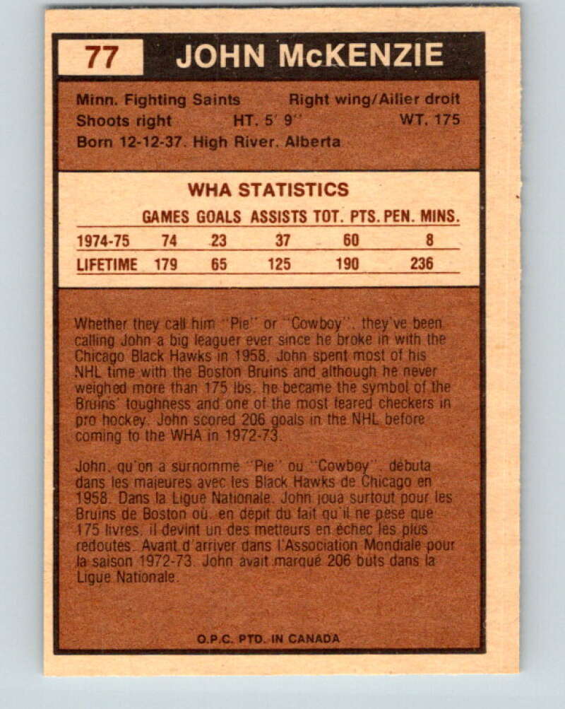 1975-76 WHA O-Pee-Chee #77 John McKenzie Minnesota Fighting Saints V7266