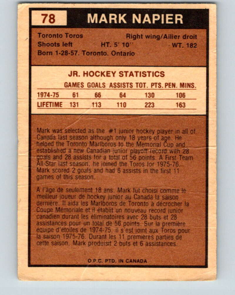 1975-76 WHA O-Pee-Chee #78 Mark Napier RC Rookie Toronto Toros V7267
