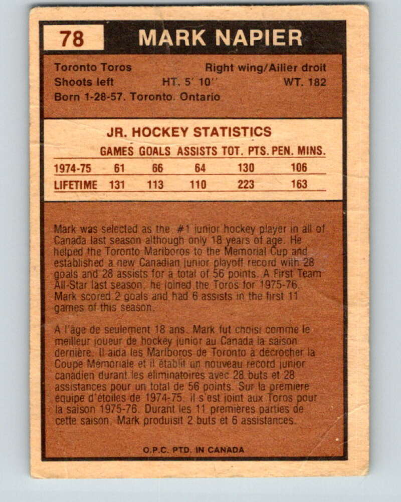 1975-76 WHA O-Pee-Chee #78 Mark Napier RC Rookie Toronto Toros V7269