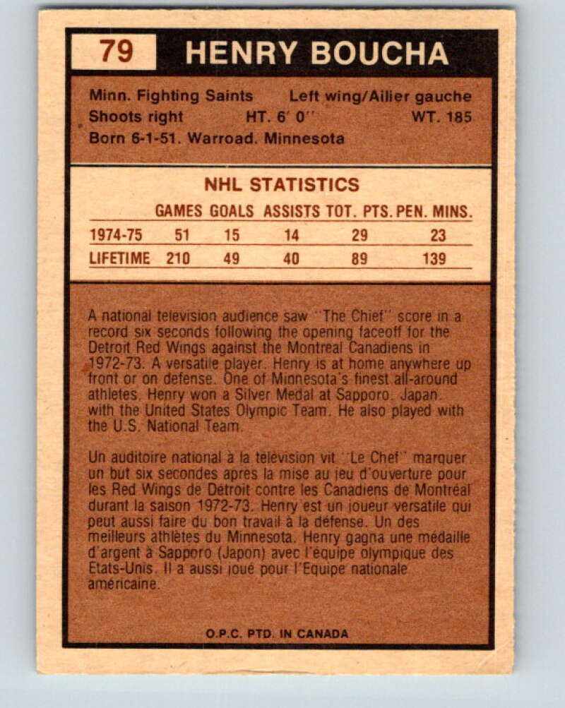 1975-76 WHA O-Pee-Chee #79 Henry Boucha Minnesota Fighting Saints V7270
