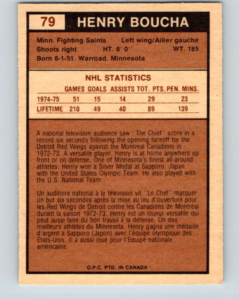 1975-76 WHA O-Pee-Chee #79 Henry Boucha  Minnesota Fighting Saints  V7271