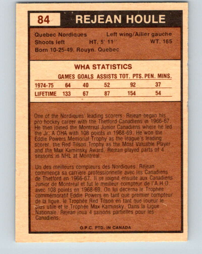 1975-76 WHA O-Pee-Chee #84 Rejean Houle Quebec Nordiques V7274