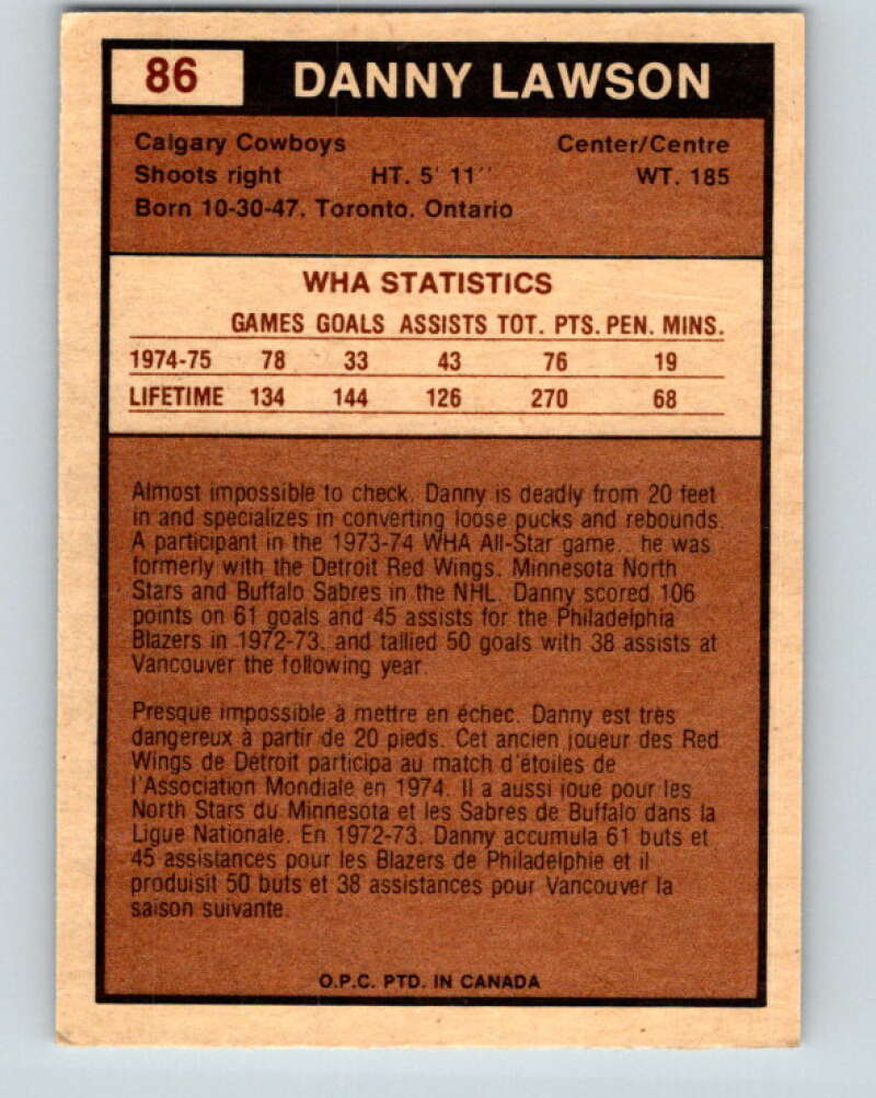 1975-76 WHA O-Pee-Chee #86 Danny Lawson Calgary Cowboys V7275