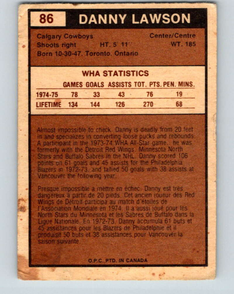 1975-76 WHA O-Pee-Chee #86 Danny Lawson Calgary Cowboys V7276