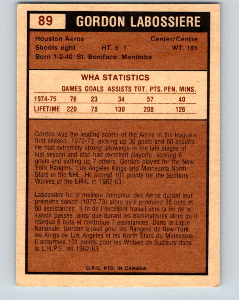 1975-76 WHA O-Pee-Chee #89 Gord Labossiere Houston Aeros V7278