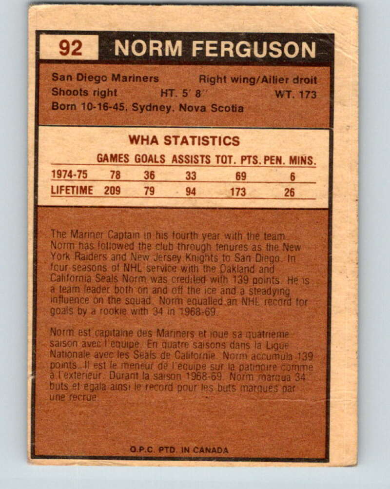 1975-76 WHA O-Pee-Chee #92 Norm Ferguson San Diego Mariners V7279