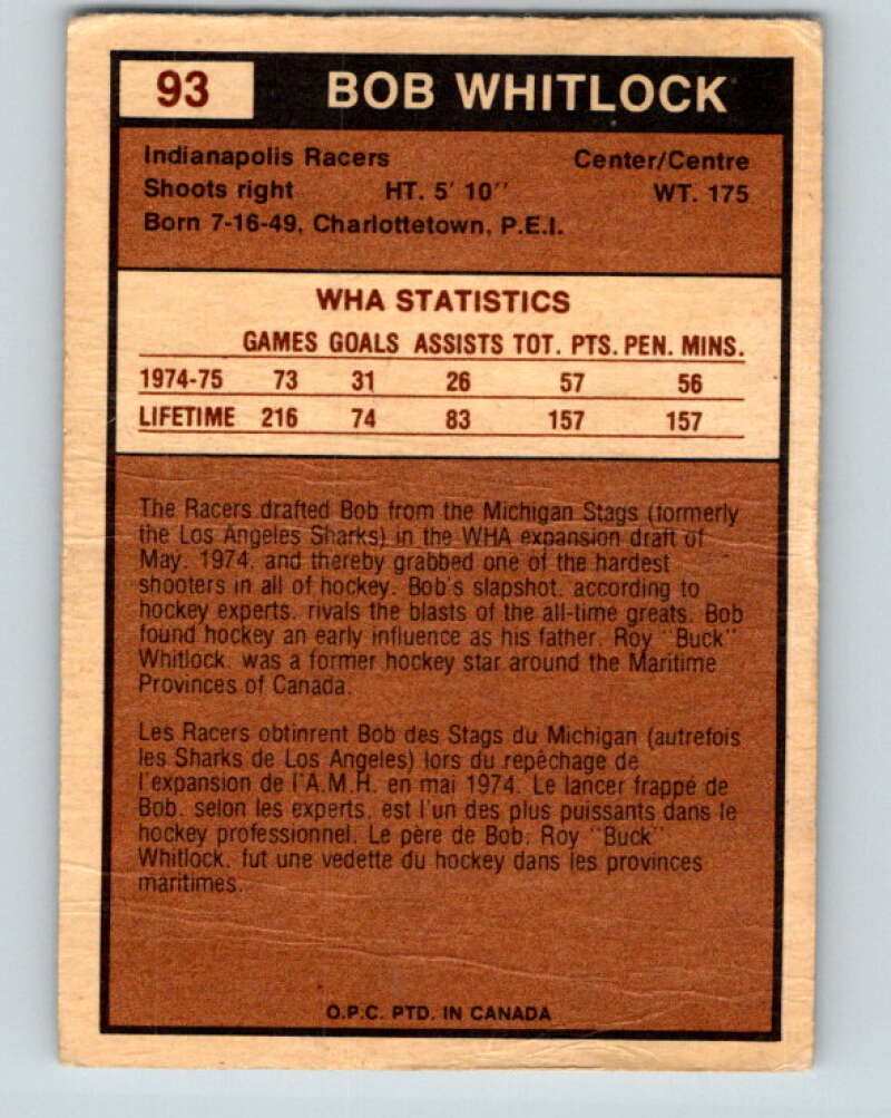1975-76 WHA O-Pee-Chee #93 Bob Whitlock Indianapolis Racers V7280