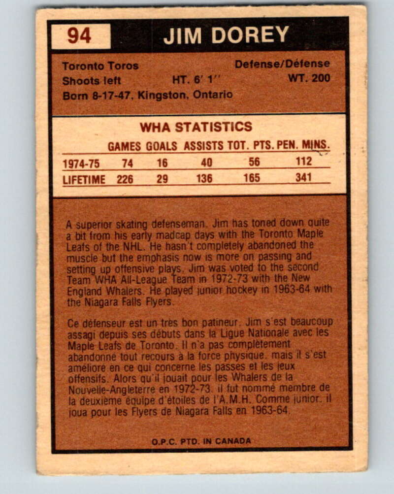 1975-76 WHA O-Pee-Chee #94 Jim Dorey Toronto Toros V7281