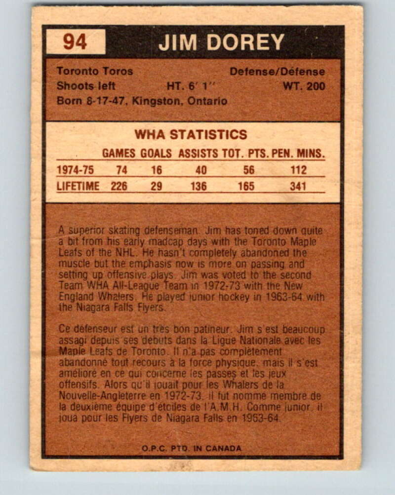 1975-76 WHA O-Pee-Chee #94 Jim Dorey Toronto Toros V7282