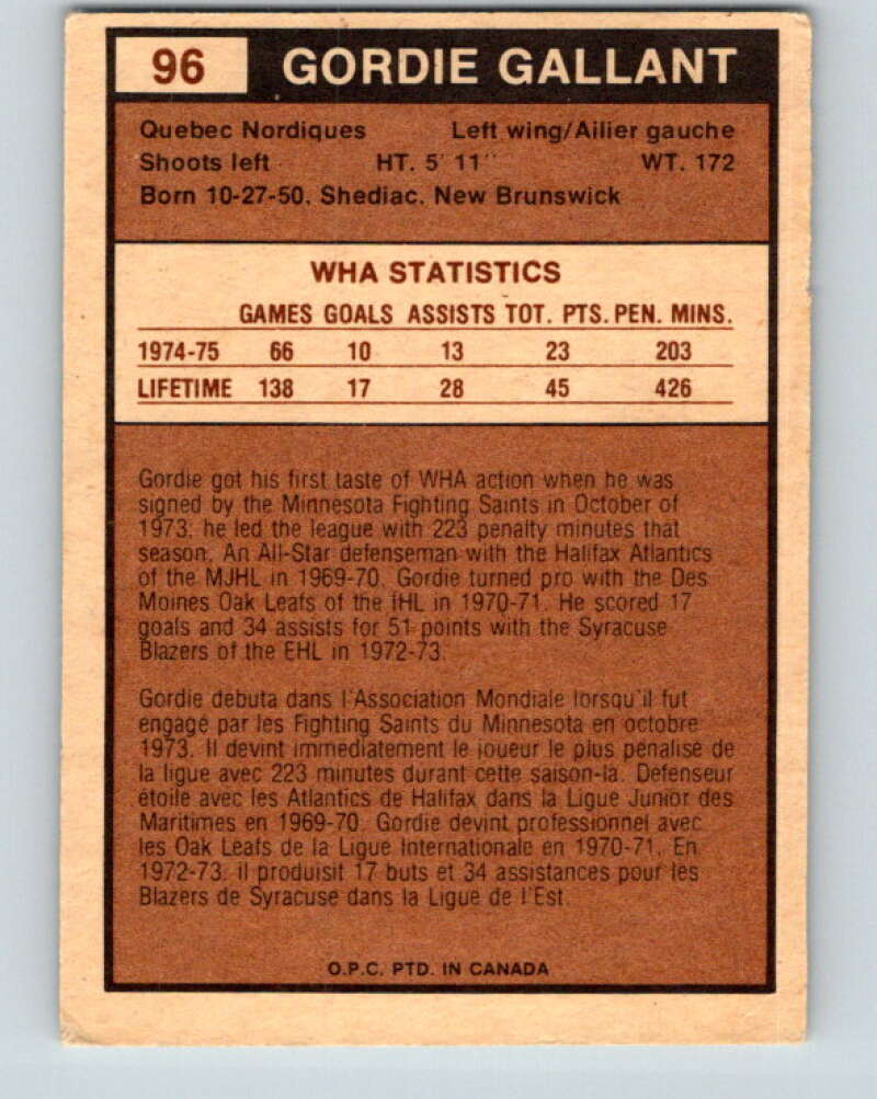 1975-76 WHA O-Pee-Chee #96 Gord Gallant RC Rookie Quebec Nordiques V7283
