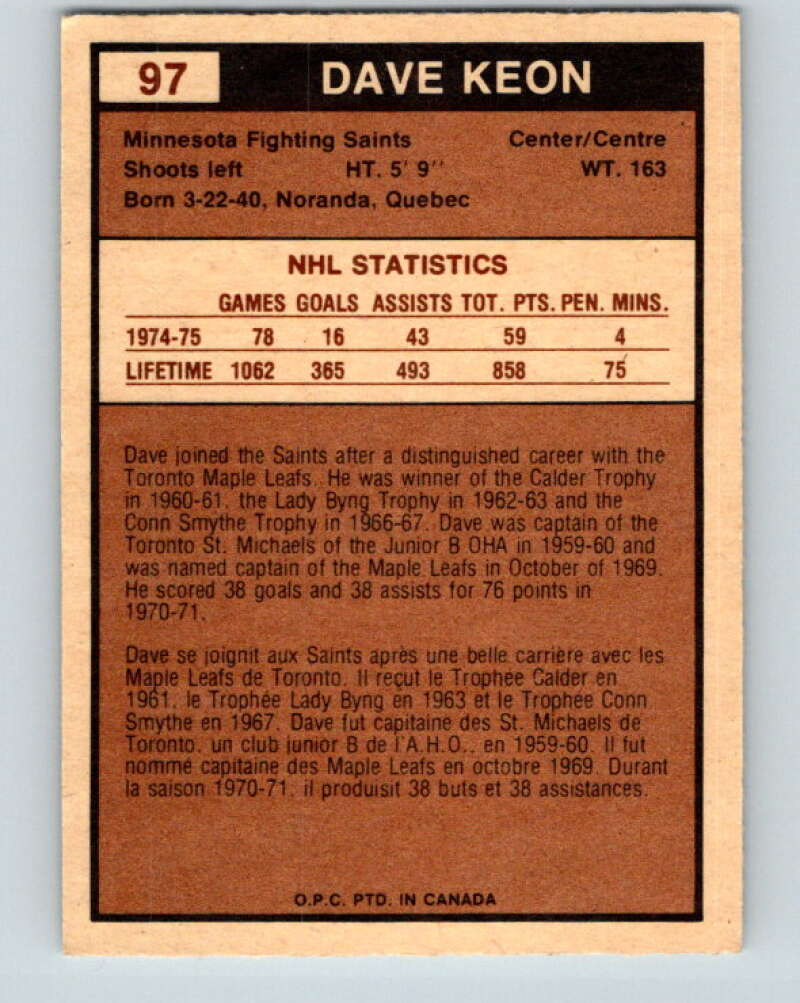 1975-76 WHA O-Pee-Chee #97 Dave Keon Minnesota Fighting Saints V7285