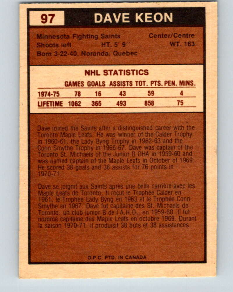 1975-76 WHA O-Pee-Chee #97 Dave Keon Minnesota Fighting Saints V7286