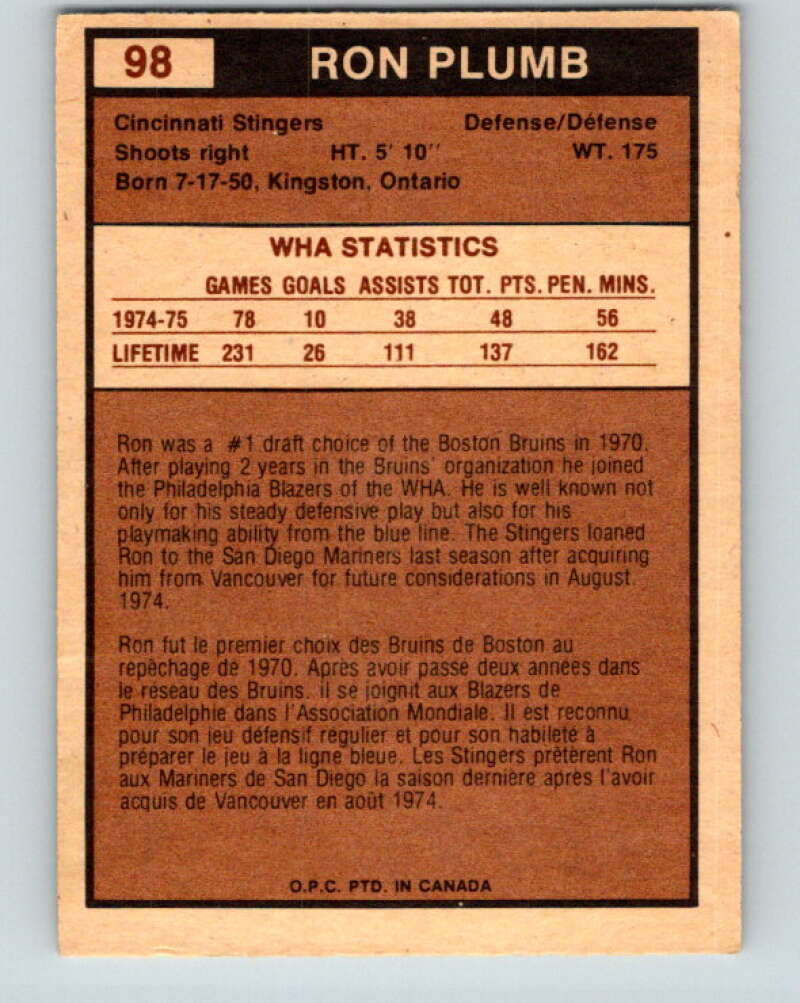 1975-76 WHA O-Pee-Chee #98 Ron Plumb RC Rookie Cincinnati Stingers V7287