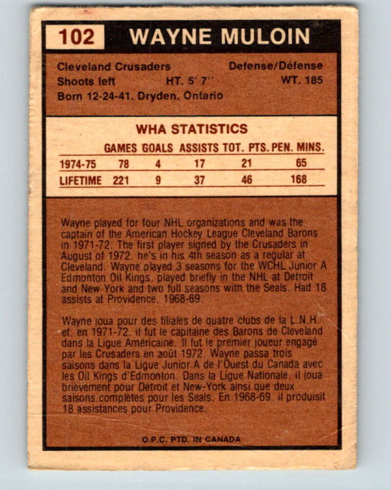 1975-76 WHA O-Pee-Chee #102 Wayne Muloin RC Rookie Cleveland Crusaders V7290
