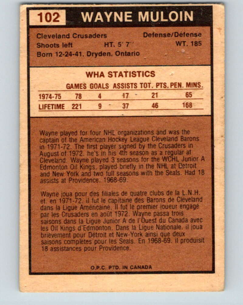 1975-76 WHA O-Pee-Chee #102 Wayne Muloin RC Rookie Cleveland Crusaders V7292