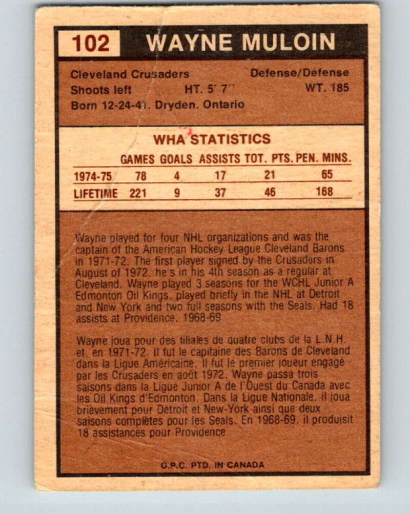 1975-76 WHA O-Pee-Chee #102 Wayne Muloin RC Rookie Cleveland Crusaders V7293