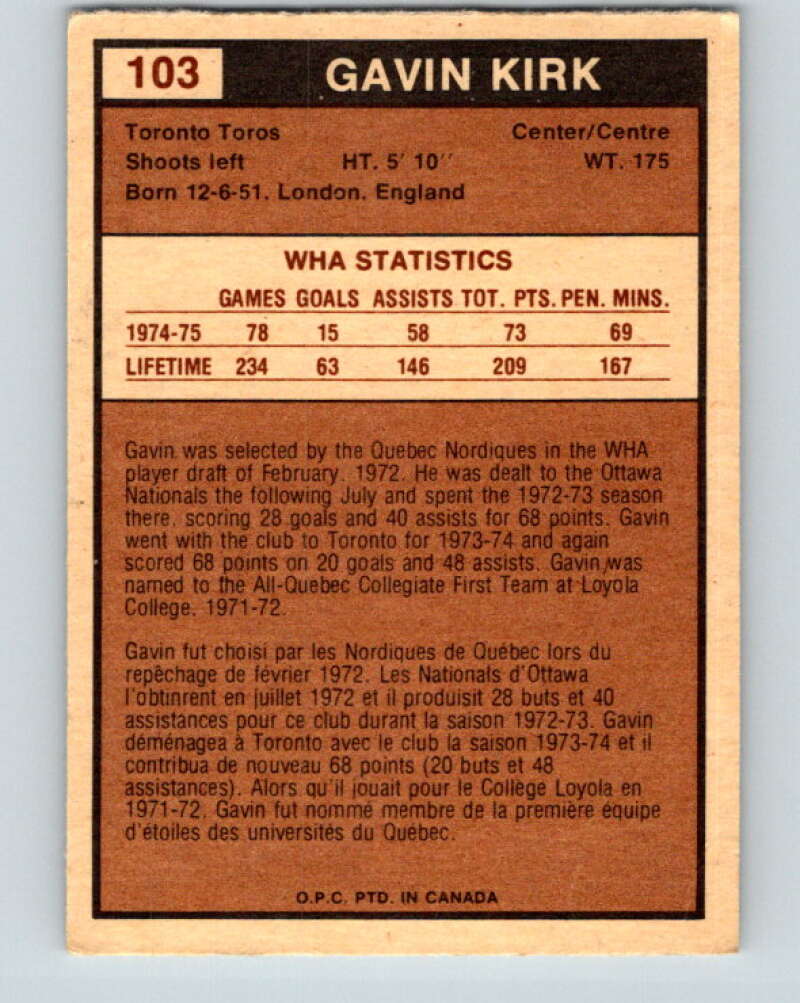 1975-76 WHA O-Pee-Chee #103 Gavin Kirk RC Rookie Toronto Toros V7294