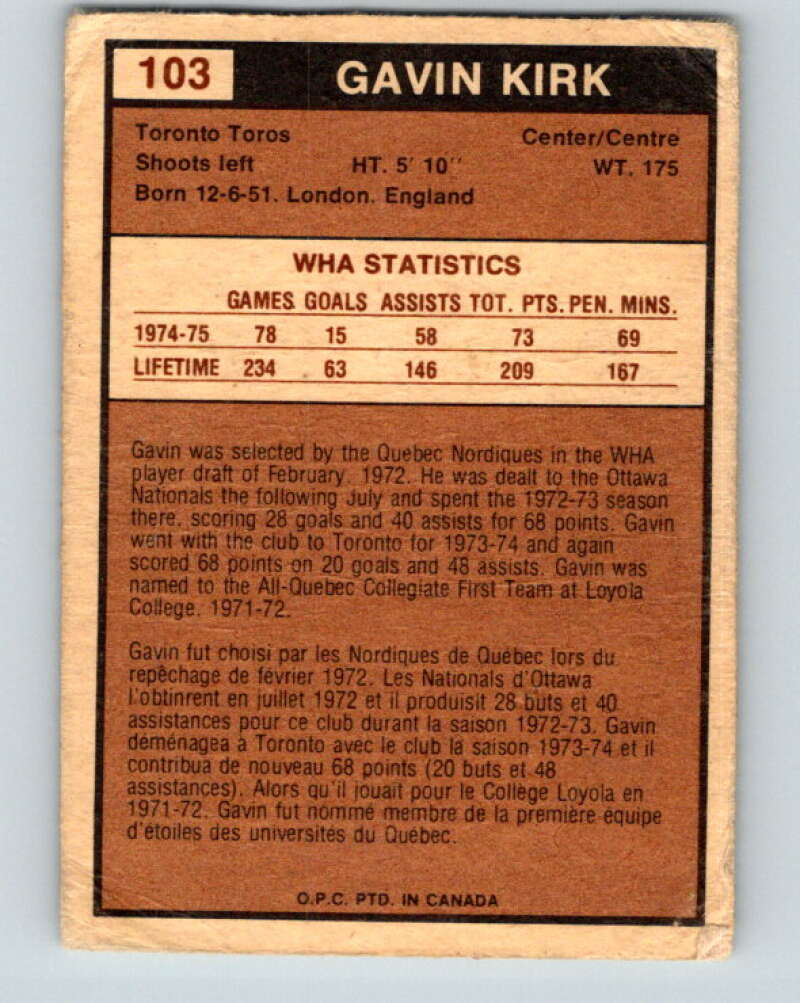 1975-76 WHA O-Pee-Chee #103 Gavin Kirk RC Rookie Toronto Toros V7295