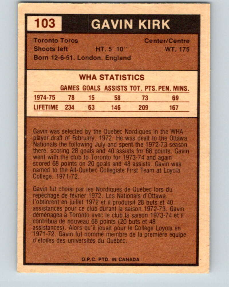 1975-76 WHA O-Pee-Chee #103 Gavin Kirk RC Rookie Toronto Toros V7296
