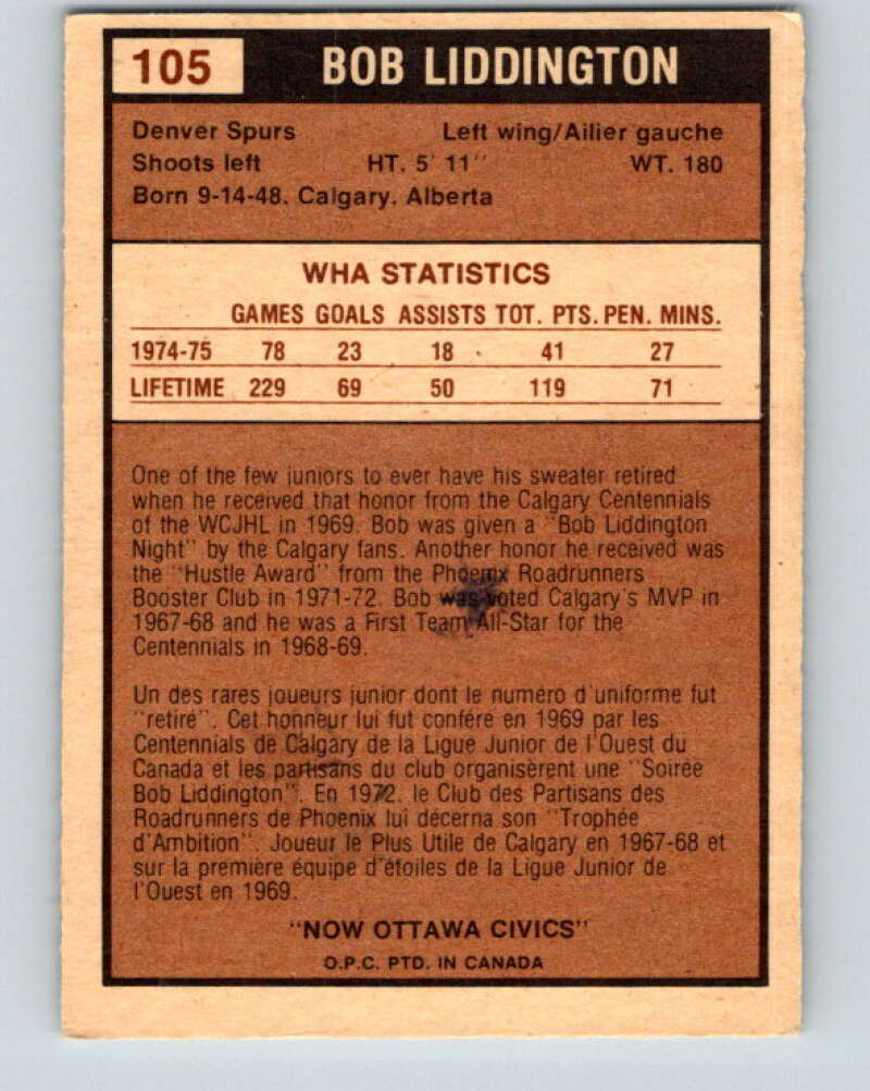 1975-76 WHA O-Pee-Chee #105 Bob Liddington RC Rookie Ottawa Civics V7298