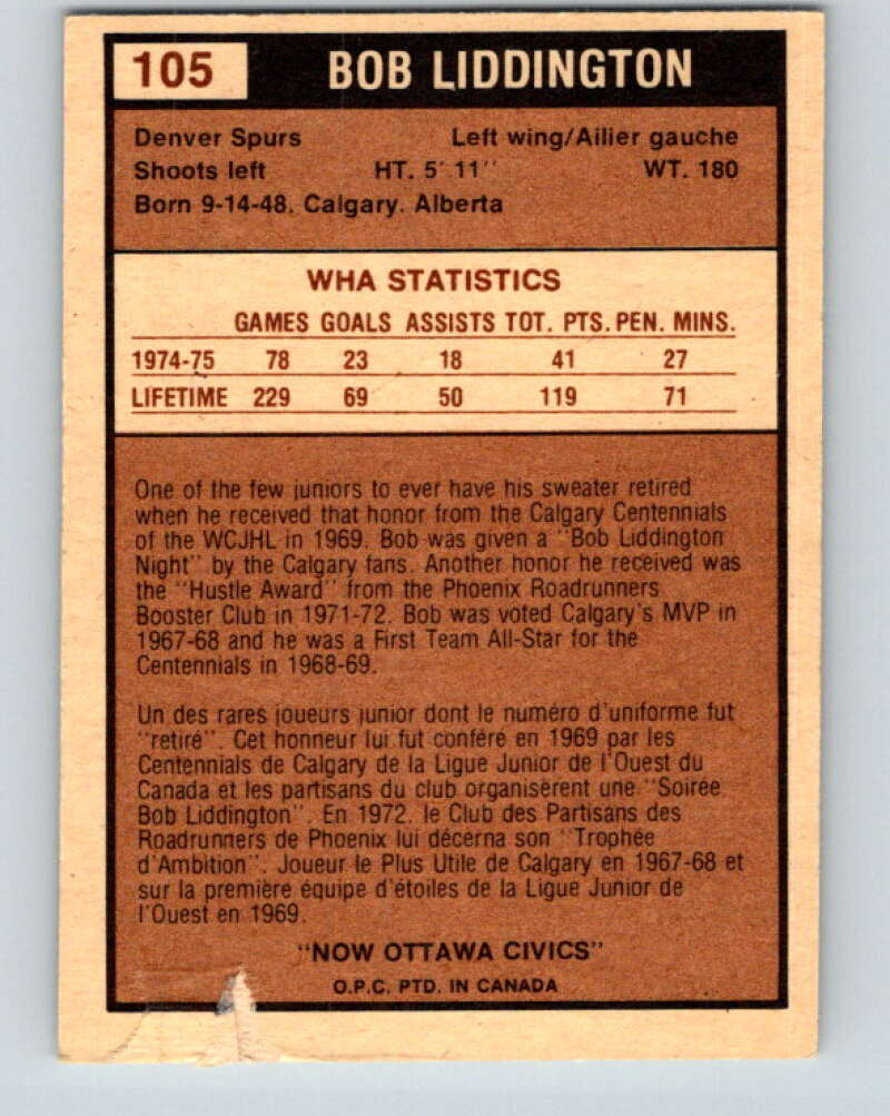 1975-76 WHA O-Pee-Chee #105 Bob Liddington RC Rookie Ottawa Civics V7299