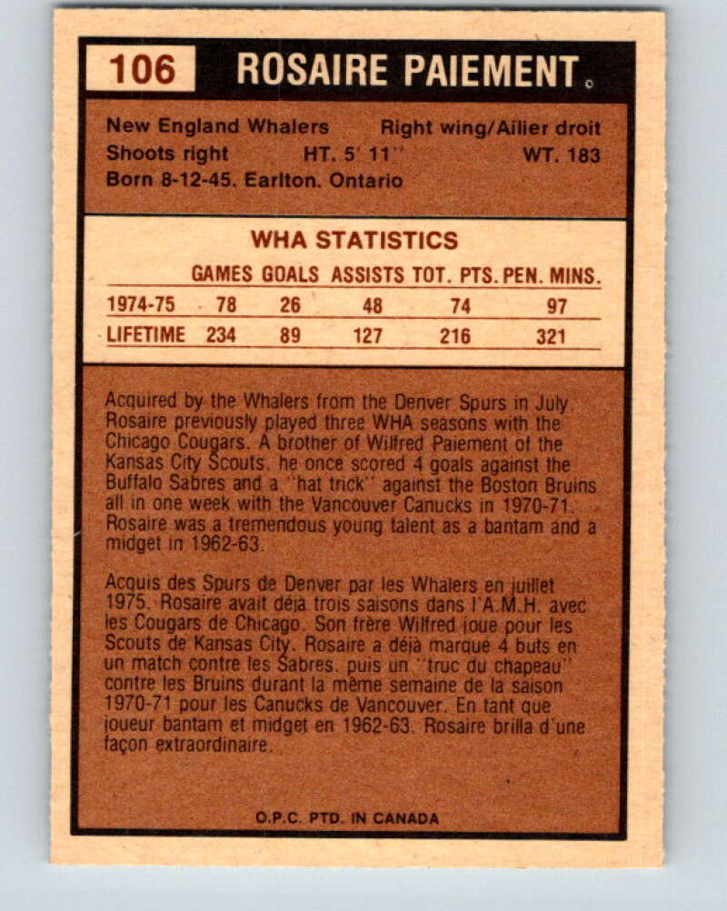 1975-76 WHA O-Pee-Chee #106 Rosaire Paiement New England Whalers V7300