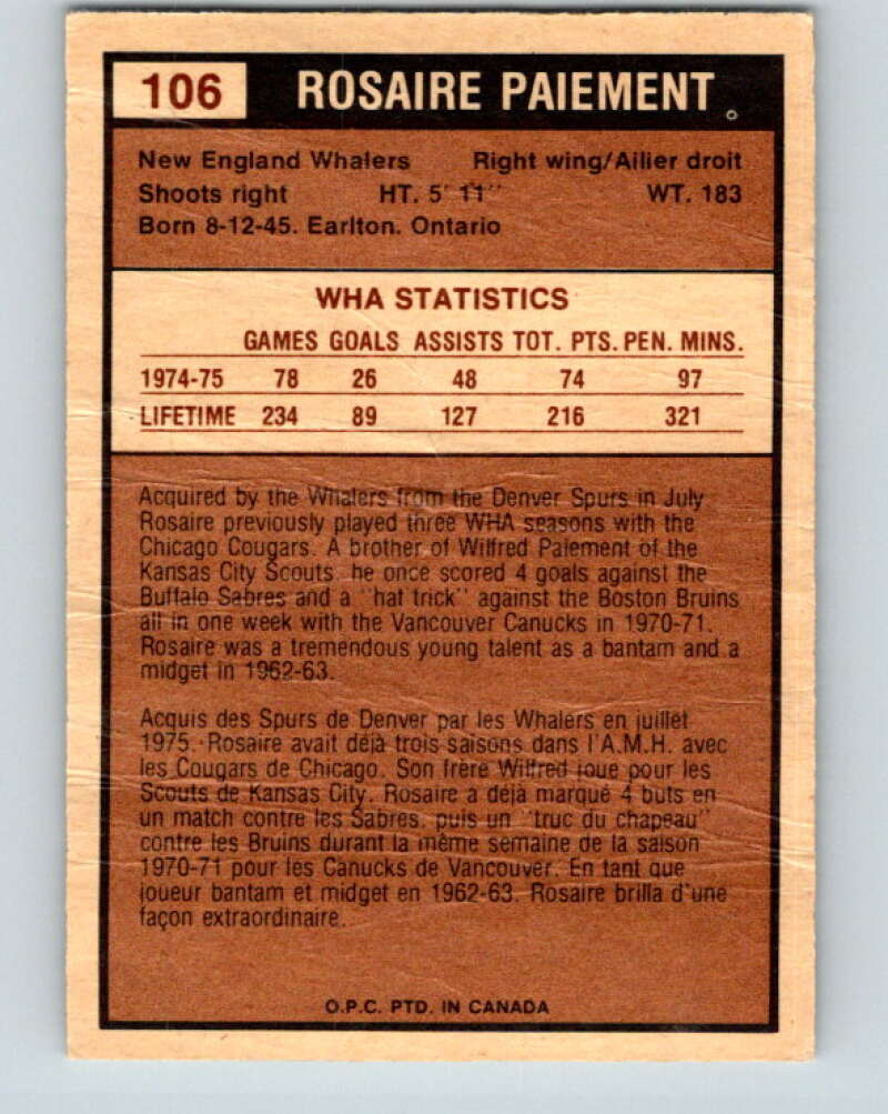 1975-76 WHA O-Pee-Chee #106 Rosaire Paiement New England Whalers V7301
