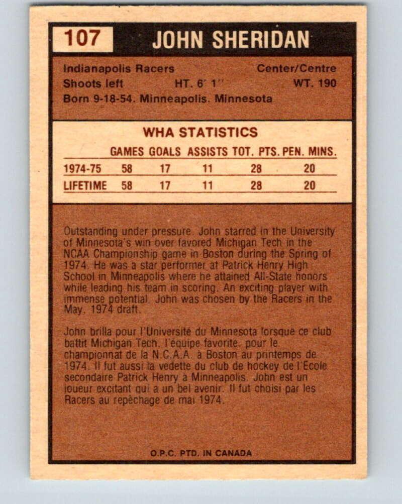 1975-76 WHA O-Pee-Chee #107 John Sheridan RC Rookie Indianapolis Racers V7302