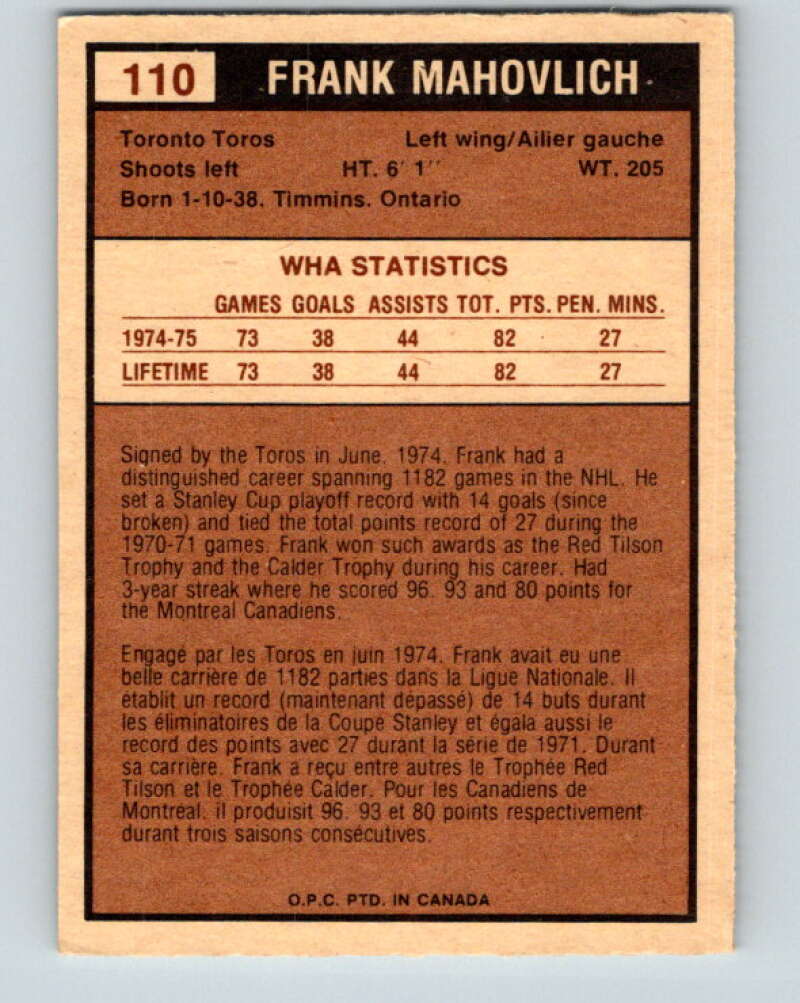 1975-76 WHA O-Pee-Chee #110 Frank Mahovlich Toronto Toros V7303