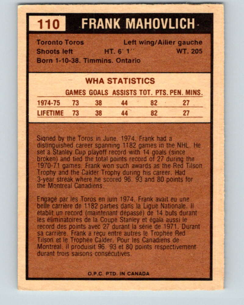 1975-76 WHA O-Pee-Chee #110 Frank Mahovlich  Toronto Toros  V7303