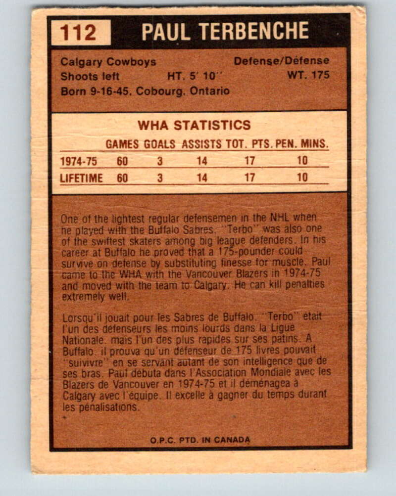 1975-76 WHA O-Pee-Chee #112 Paul Terbenche Calgary Cowboys V7304