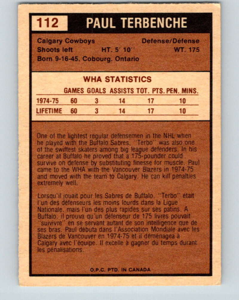 1975-76 WHA O-Pee-Chee #112 Paul Terbenche Calgary Cowboys V7305