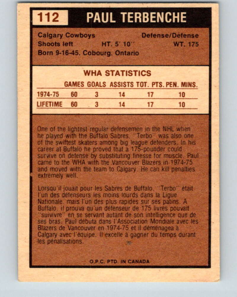 1975-76 WHA O-Pee-Chee #112 Paul Terbenche Calgary Cowboys V7306