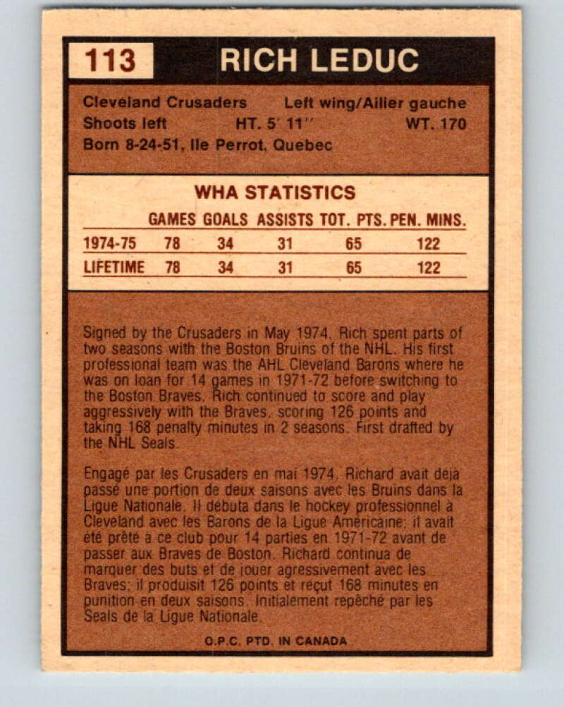 1975-76 WHA O-Pee-Chee #113 Rich Leduc RC Rookie Cleveland Crusaders V7307