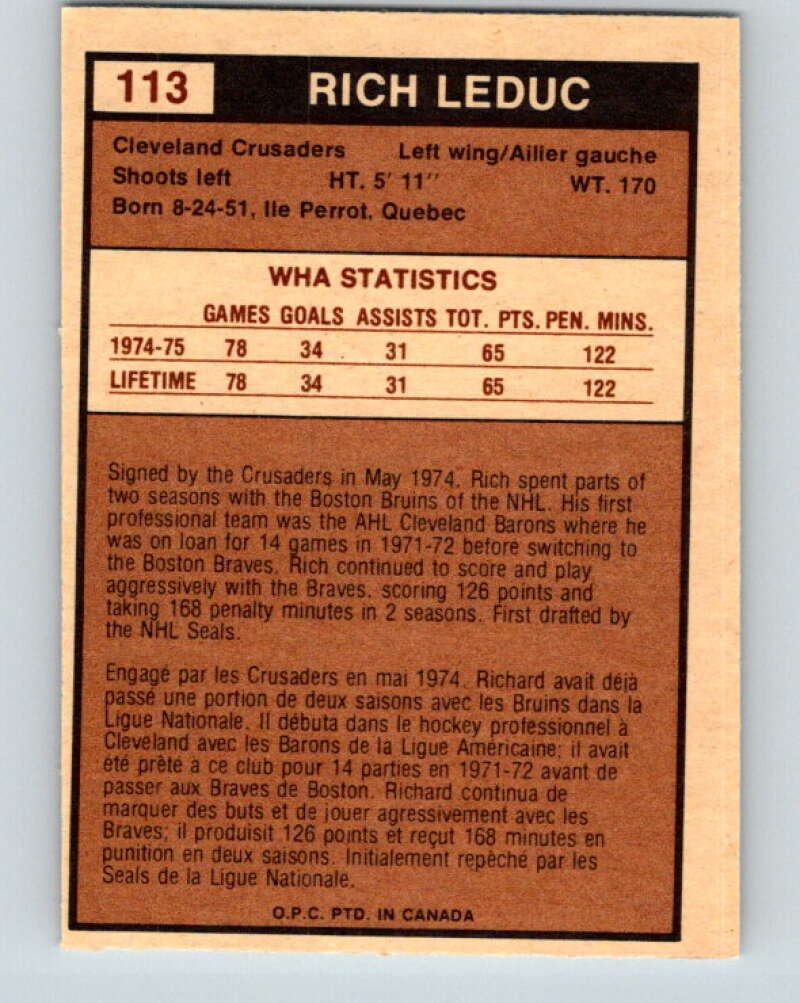 1975-76 WHA O-Pee-Chee #113 Rich Leduc RC Rookie Cleveland Crusaders V7308