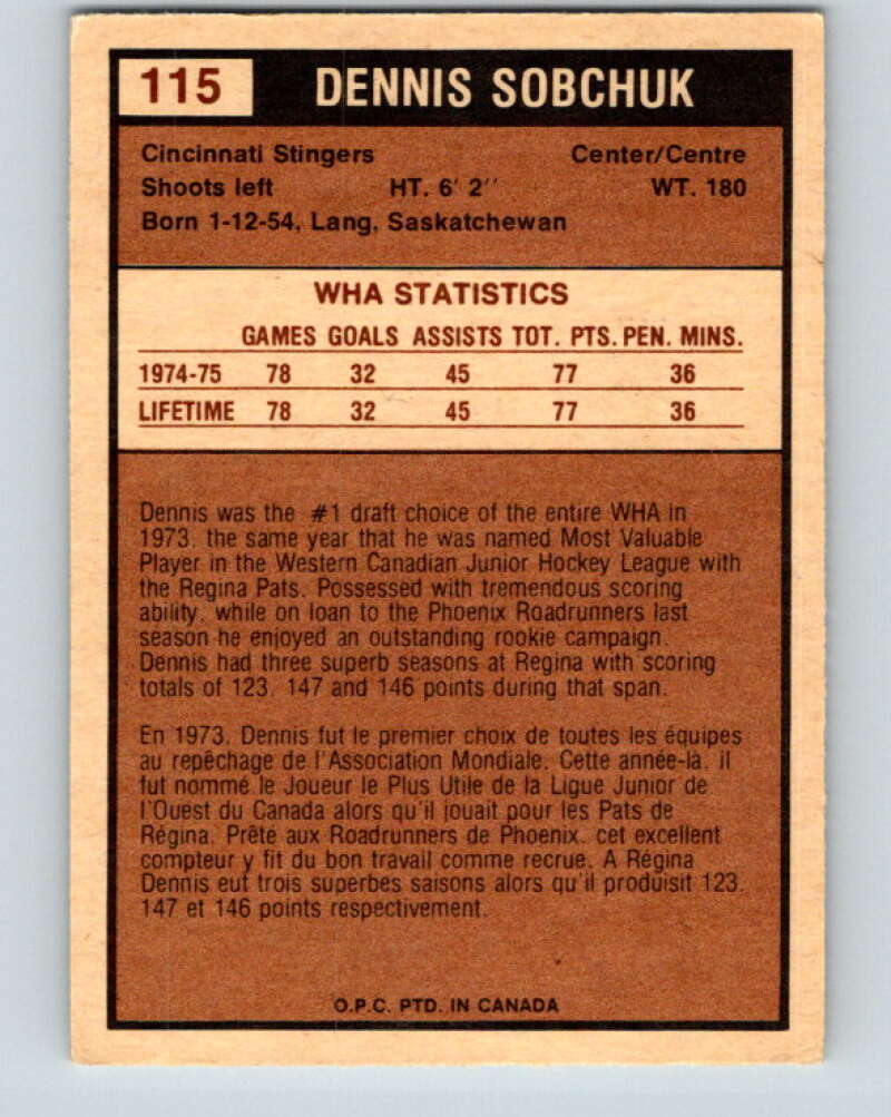 1975-76 WHA O-Pee-Chee #115 Dennis Sobchuk Cincinnati Stingers V7309