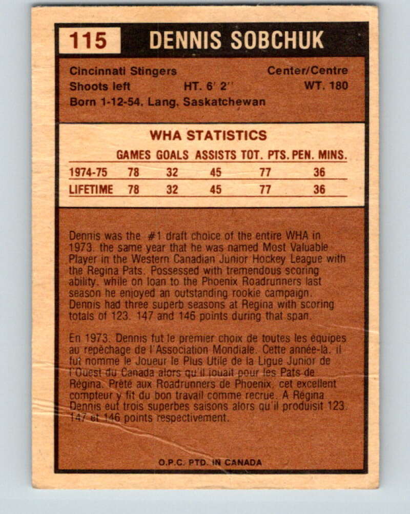 1975-76 WHA O-Pee-Chee #115 Dennis Sobchuk Cincinnati Stingers V7310