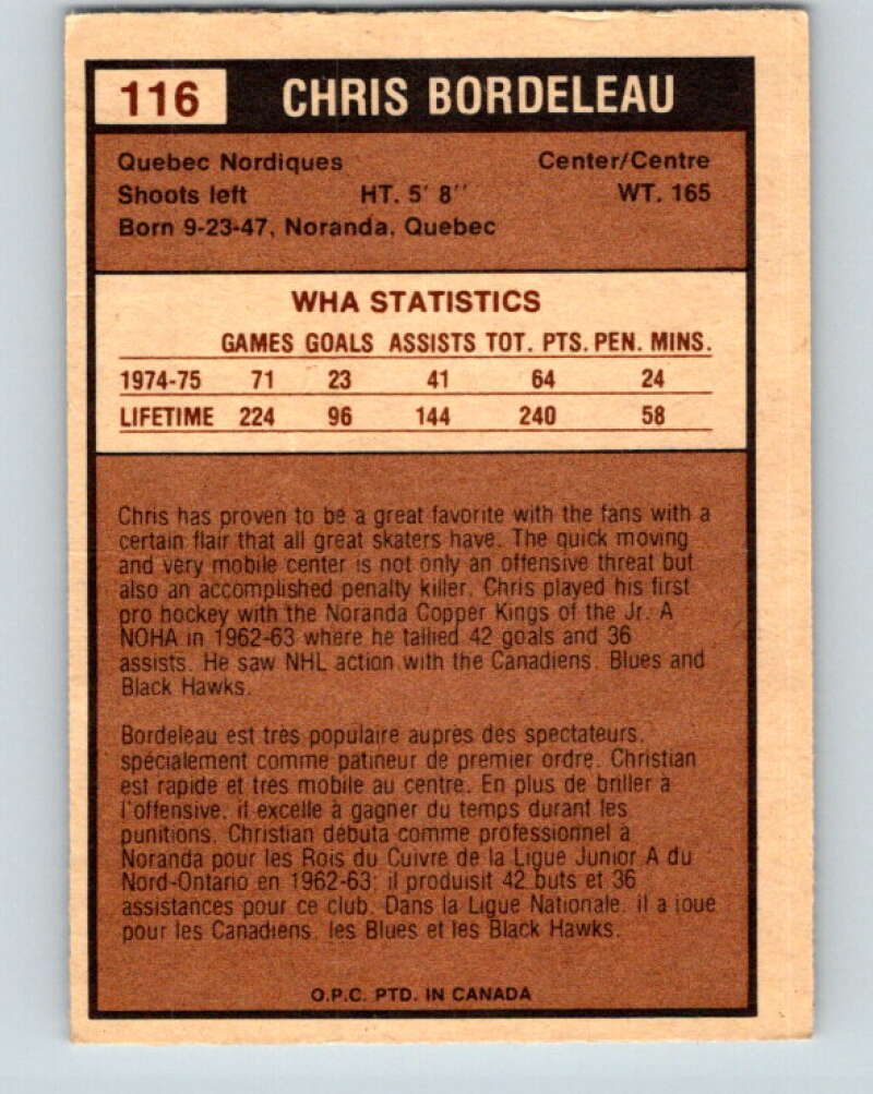 1975-76 WHA O-Pee-Chee #116 Chris Bordeleau Quebec Nordiques V7311