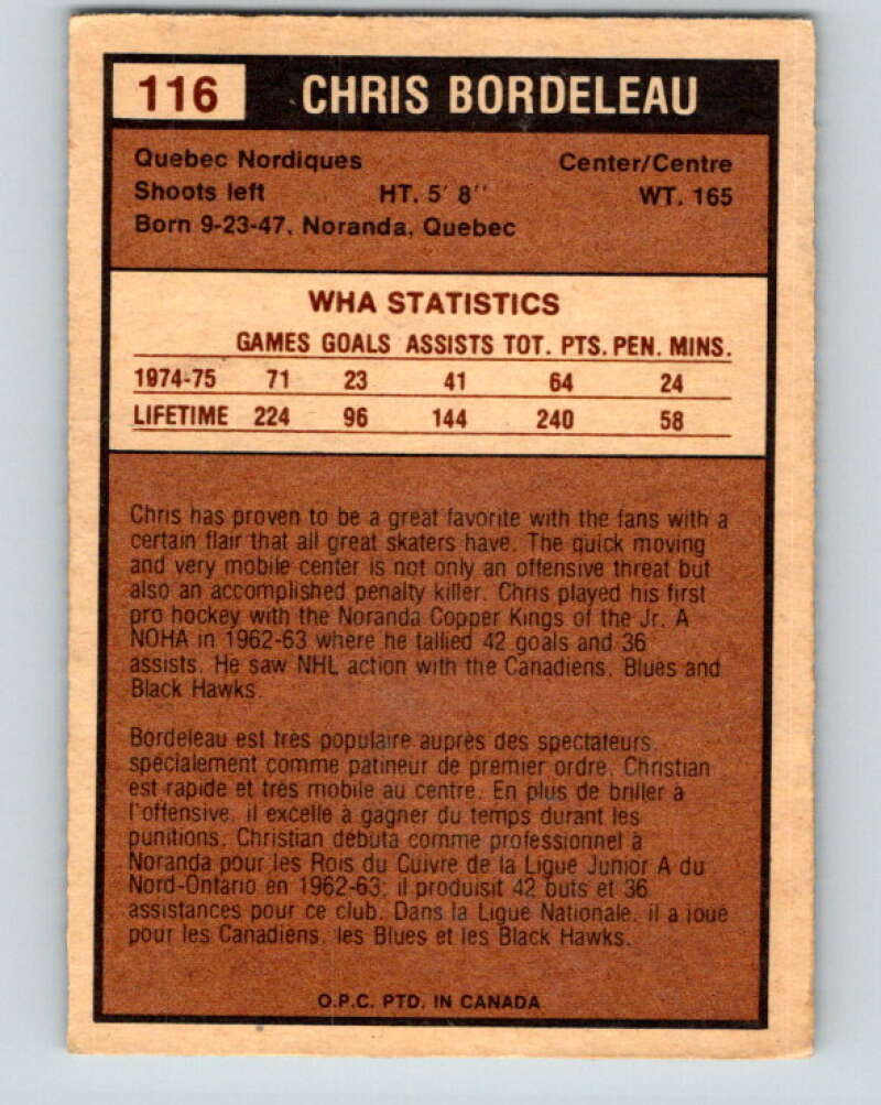 1975-76 WHA O-Pee-Chee #116 Chris Bordeleau Quebec Nordiques V7312