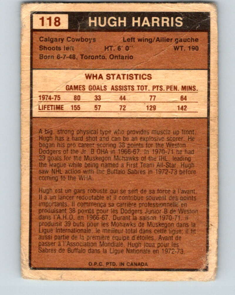 1975-76 WHA O-Pee-Chee #118 Hugh Harris RC Rookie Calgary Cowboys V7316