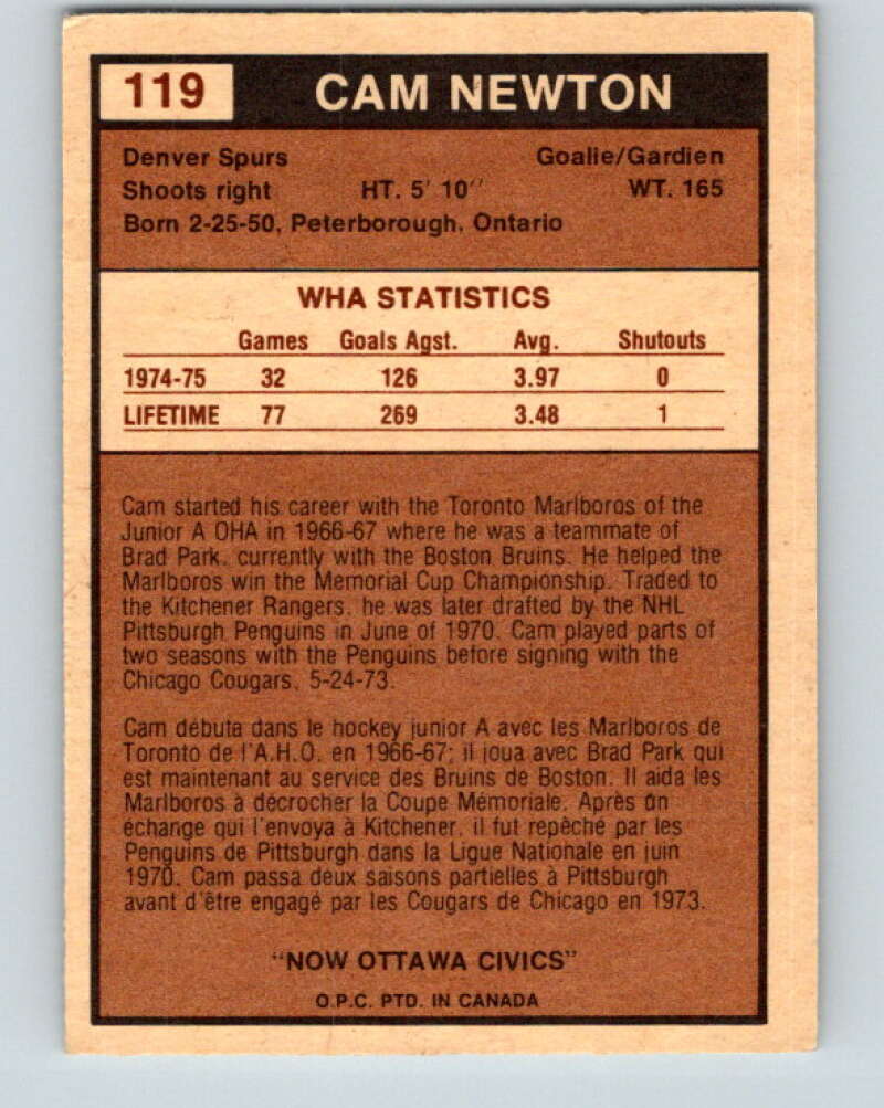 1975-76 WHA O-Pee-Chee #119 Cam Newton RC Rookie Ottawa Civics V7318