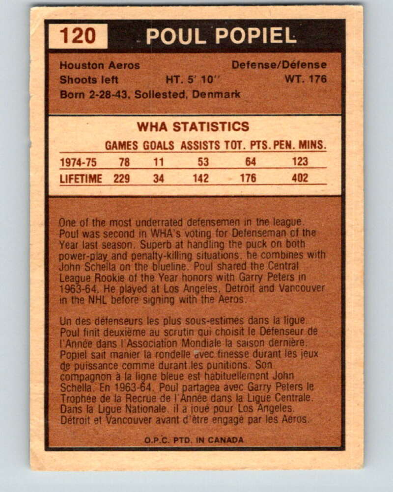 1975-76 WHA O-Pee-Chee #120 Poul Popiel Houston Aeros V7319