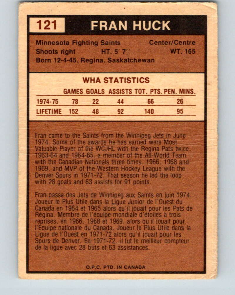 1975-76 WHA O-Pee-Chee #121 Fran Huck Minnesota Fighting Saints V7320