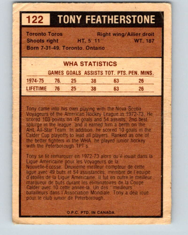 1975-76 WHA O-Pee-Chee #122 Tony Featherstone Toronto Toros V7324