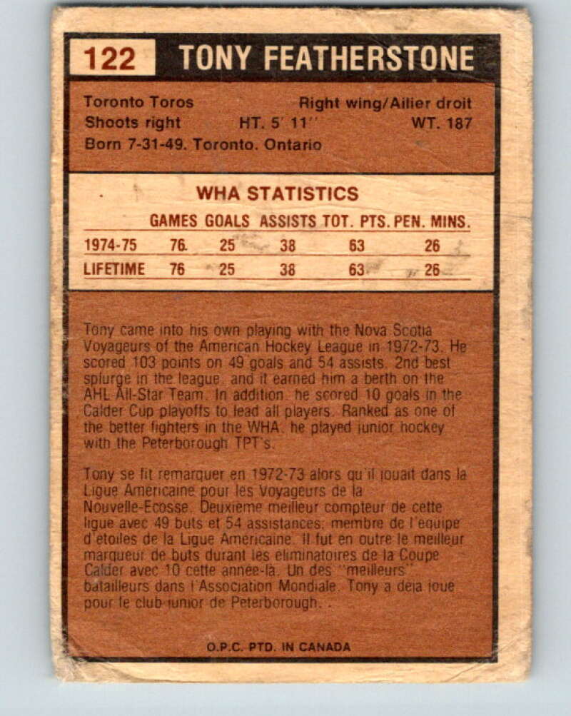 1975-76 WHA O-Pee-Chee #122 Tony Featherstone Toronto Toros V7325