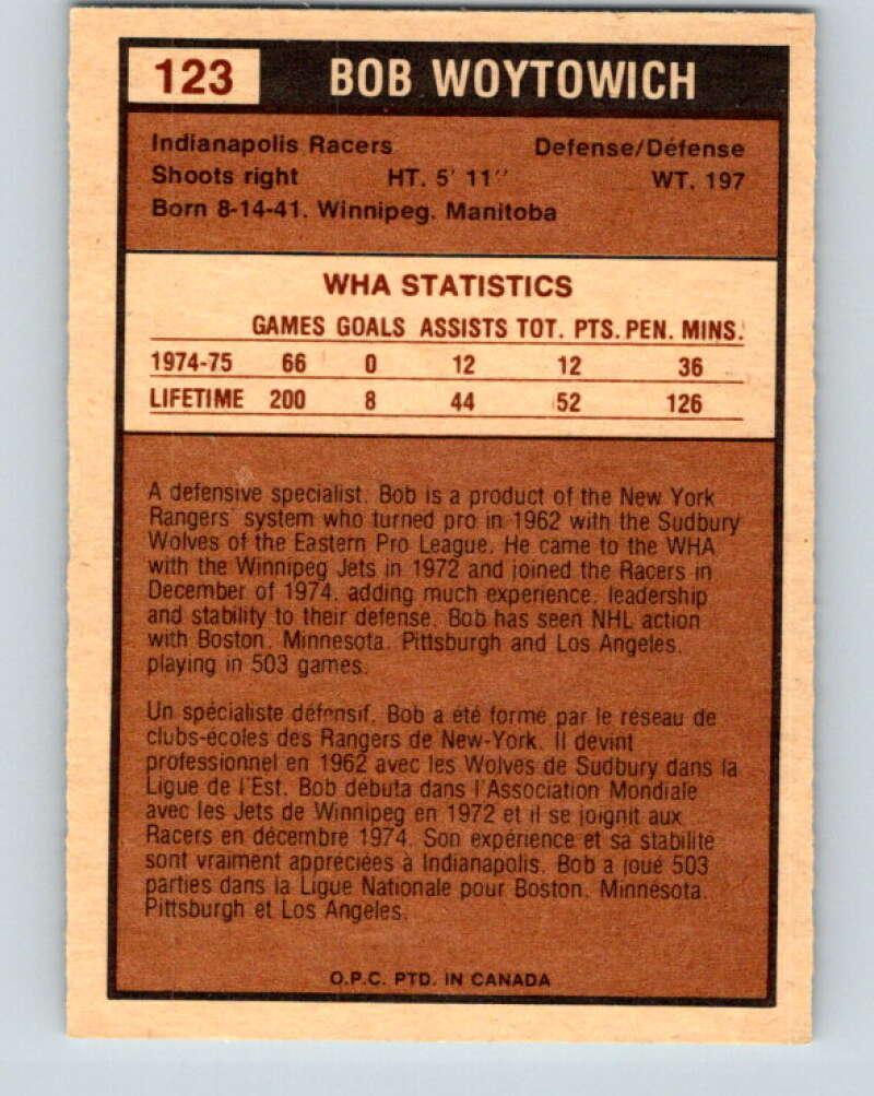 1975-76 WHA O-Pee-Chee #123 Bob Woytowich Indianapolis Racers V7326
