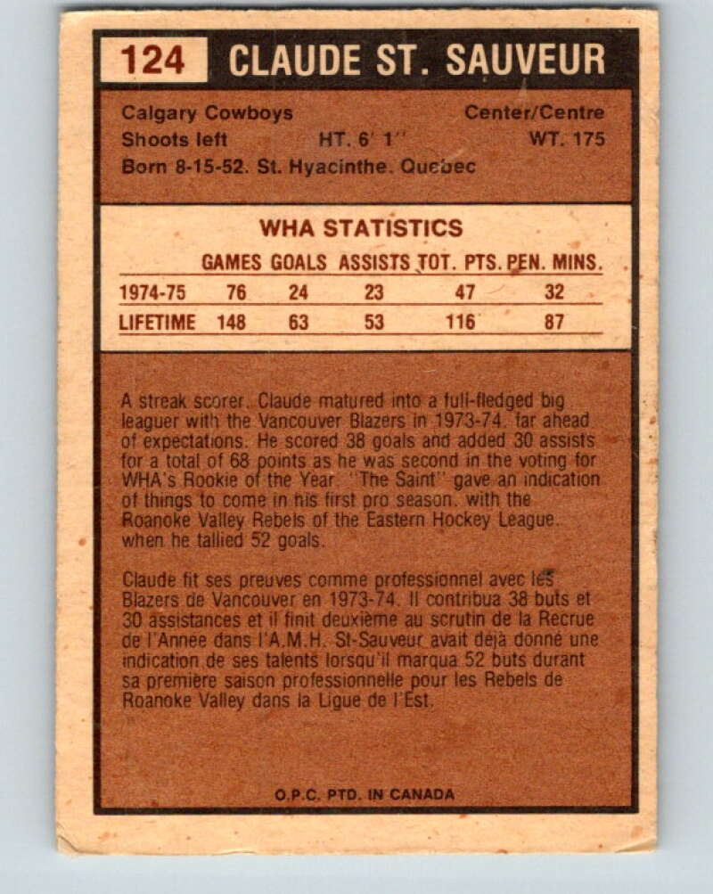 1975-76 WHA O-Pee-Chee #124 Claude St. Sauveur Calgary Cowboys V7327