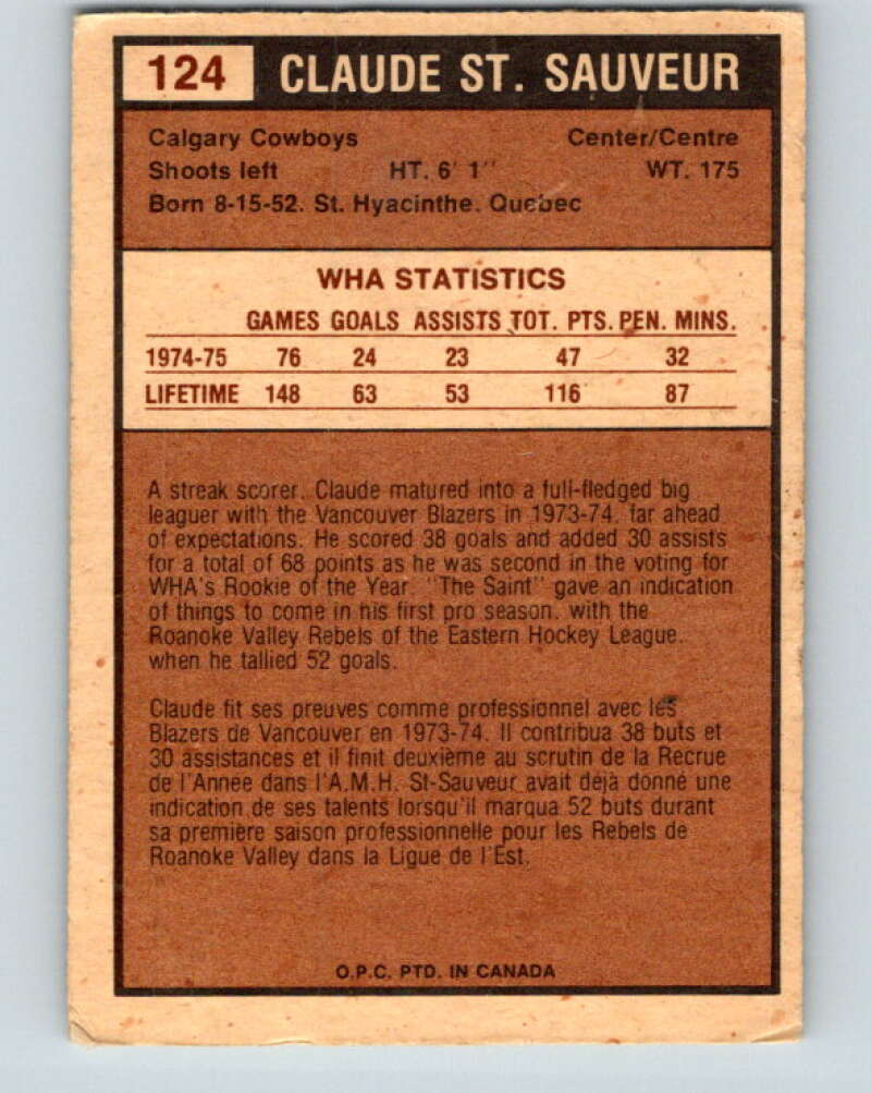 1975-76 WHA O-Pee-Chee #124 Claude St. Sauveur  Calgary Cowboys  V7327