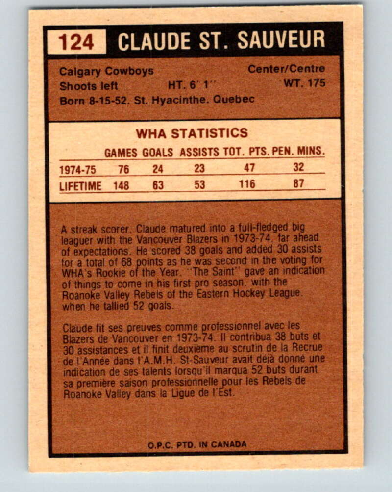 1975-76 WHA O-Pee-Chee #124 Claude St. Sauveur Calgary Cowboys V7328
