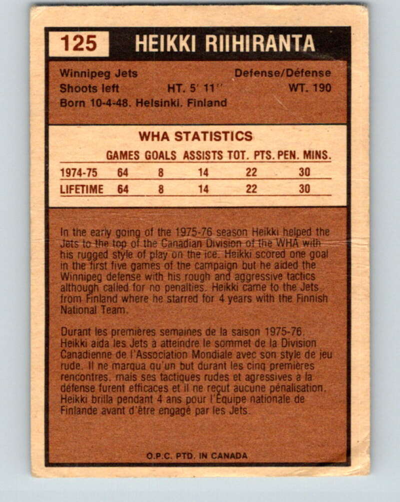 1975-76 WHA O-Pee-Chee #125 Heikki Riihiranta Winnipeg Jets V7329